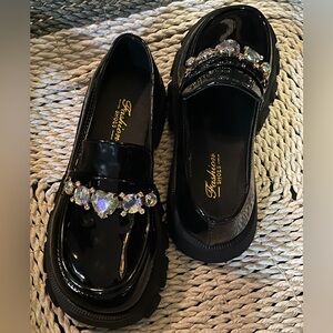 Black Chunky Fashion Loafers with Crystal details